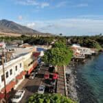A view of the ocean from above shows cars parked on the side of the road.