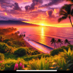 A painting of the ocean and sunset