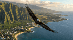 A bald eagle flying over the ocean with mountains in the background.
