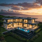 A large house with a pool and an ocean view.