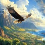 A majestic eagle soars over a coastal mountain landscape under a cloudy sky.