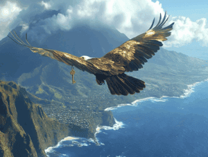 A large eagle soaring over cliffs and ocean.