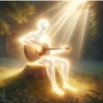 A glowing figure playing guitar in a sunlit forest.