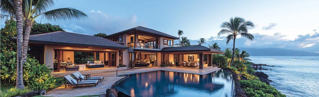 Luxurious Maui Coast property with oceanview and infinity pool at sunset.