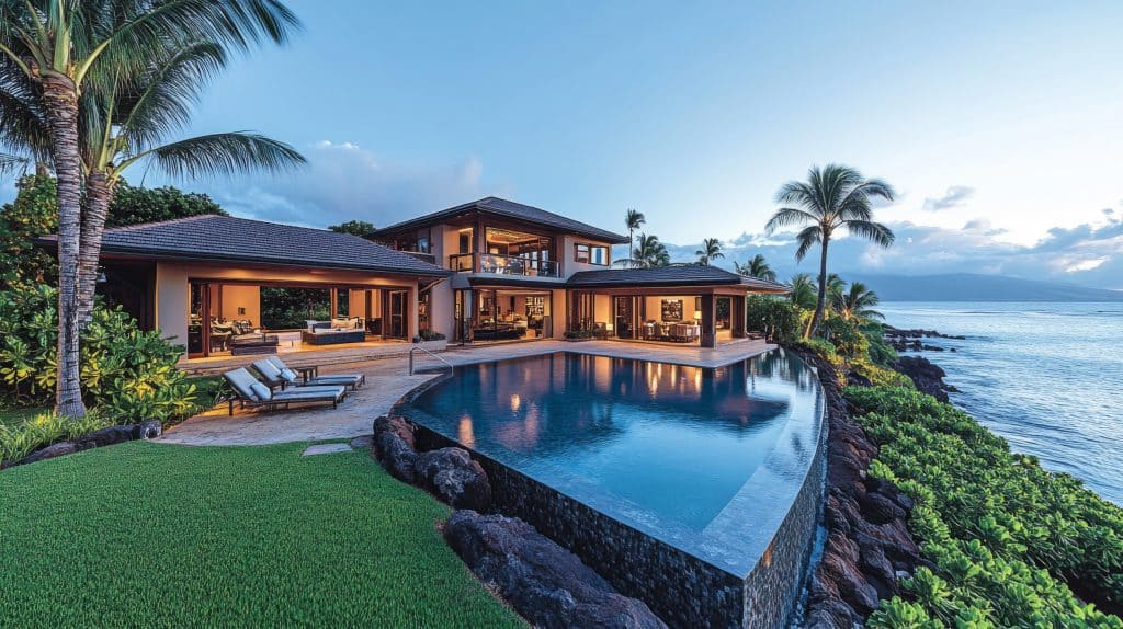 Luxurious oceanfront Maui residence with a private pool and tropical surroundings.